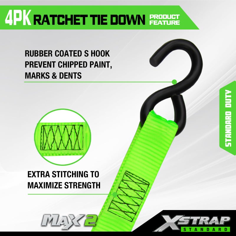 XSTRAP STANDARD Ratchet Tie Down Straps 4Pk 15Ft 1500Lb Break Strength, Cargo Straps for Moving Appliances, Lawn Equipment, Motorcycle, Includes 2 Bungee Cord - Image 5
